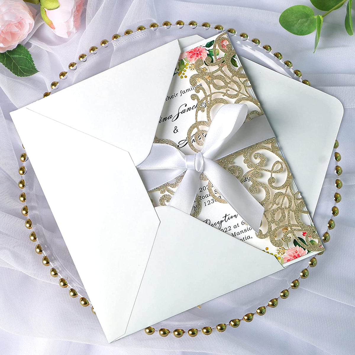 PONATIA Champagne Gold Glitter Laser Cut Wedding Invitations Cards with White Bow-knot