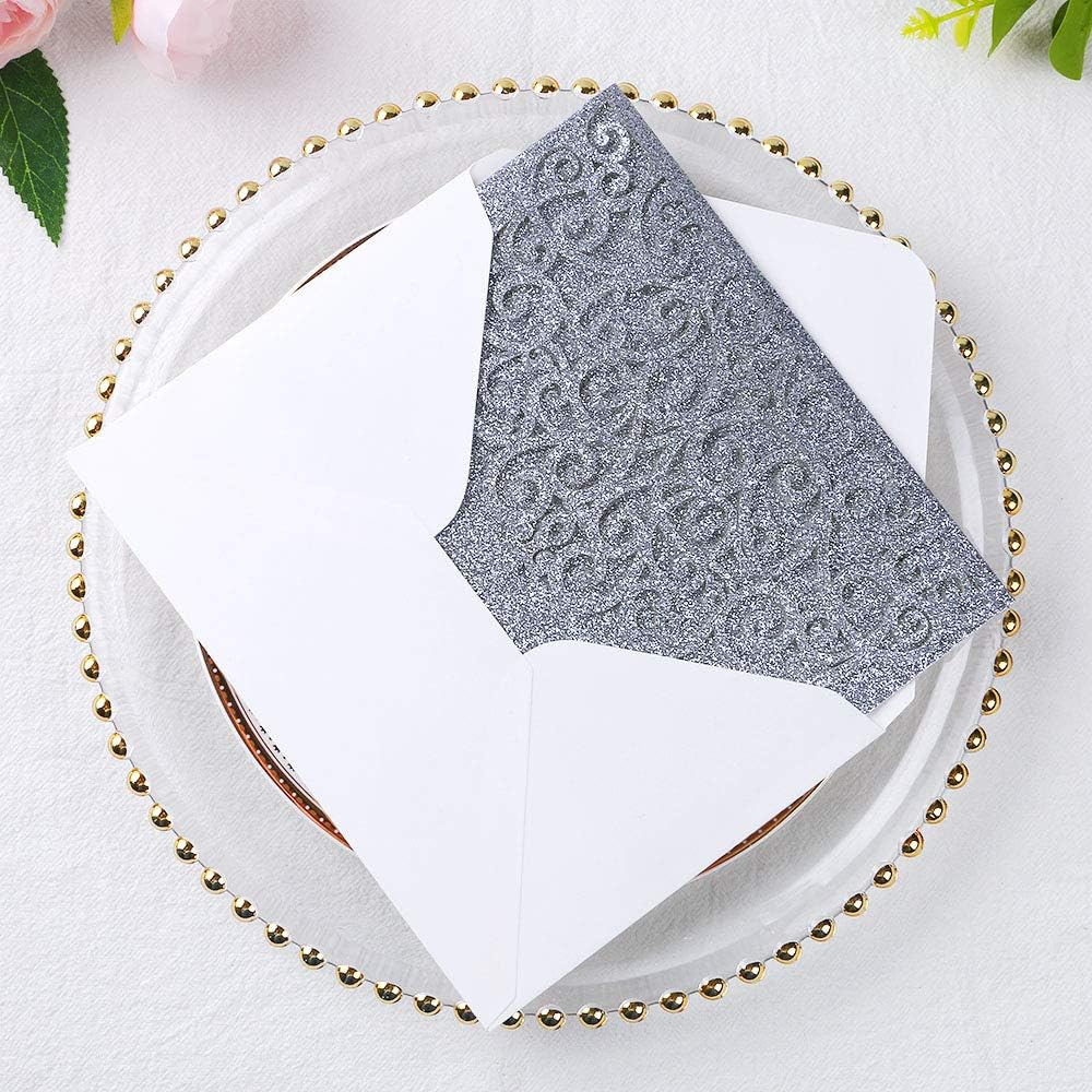 PONATIA 20 Pcs Silver Glitter Tri-Fold  Laser Cut Wedding Invitation Pockets with Envelopes for Wedding