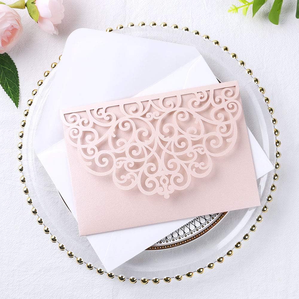PONATIA 20 Pcs Blush Pink Tri-Fold  Laser Cut Wedding Invitation Pockets with Envelopes for Wedding