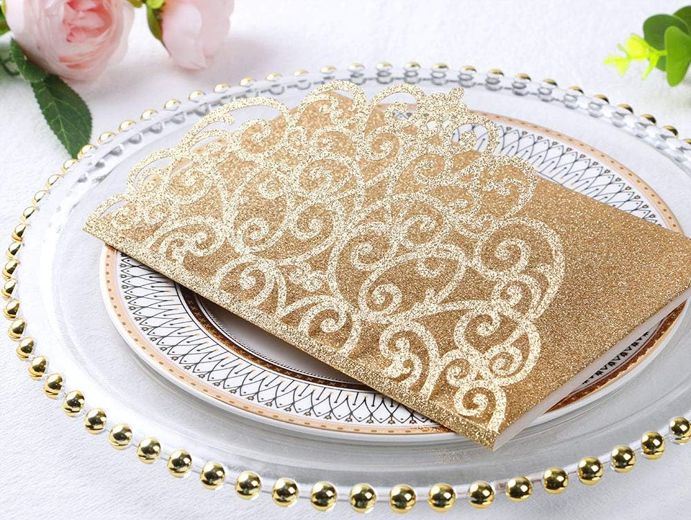 PONATIA 20 Pcs Gold Tri-Fold  Laser Cut Wedding Invitation Pockets with Envelopes for Wedding