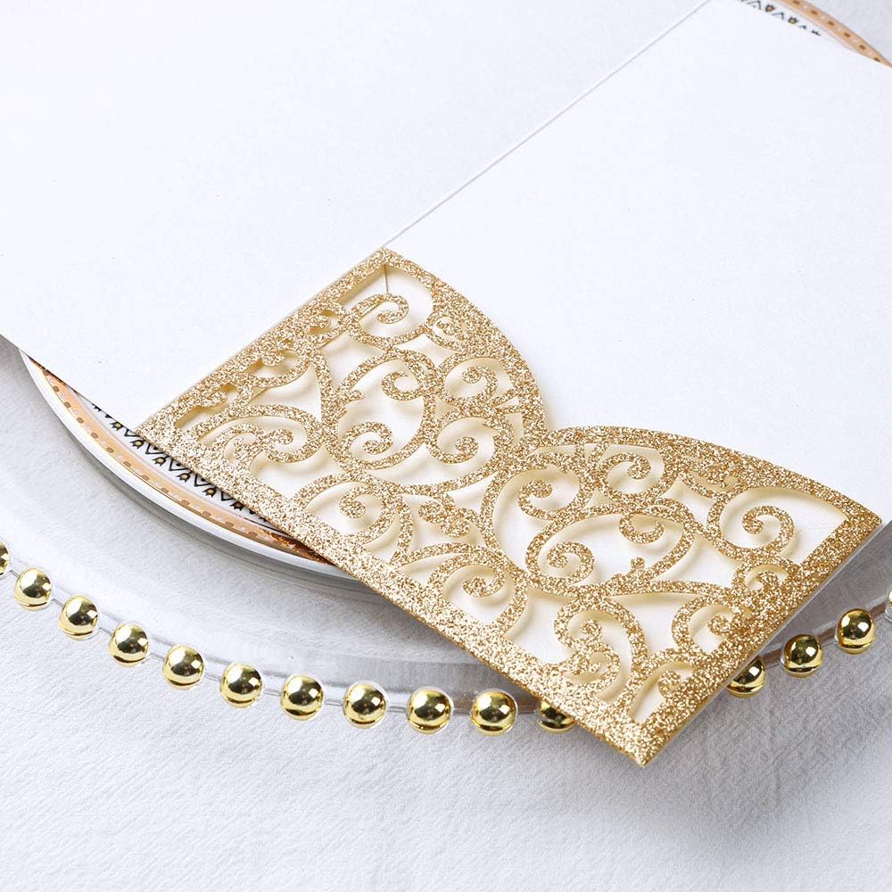 PONATIA 20 Pcs Gold Tri-Fold  Laser Cut Wedding Invitation Pockets with Envelopes for Wedding