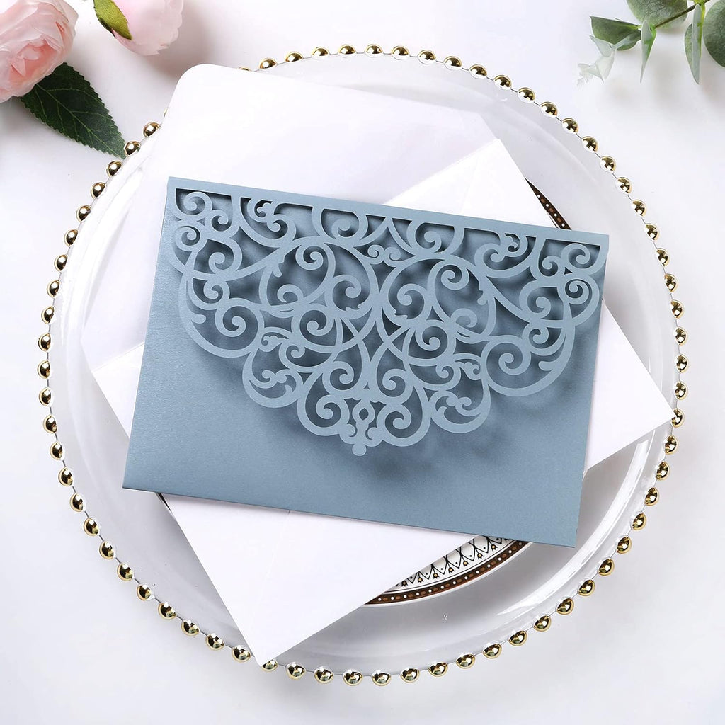 PONATIA 20 Pcs Dusty Blue Tri-Fold  Laser Cut Wedding Invitation Pockets with Envelopes for Wedding