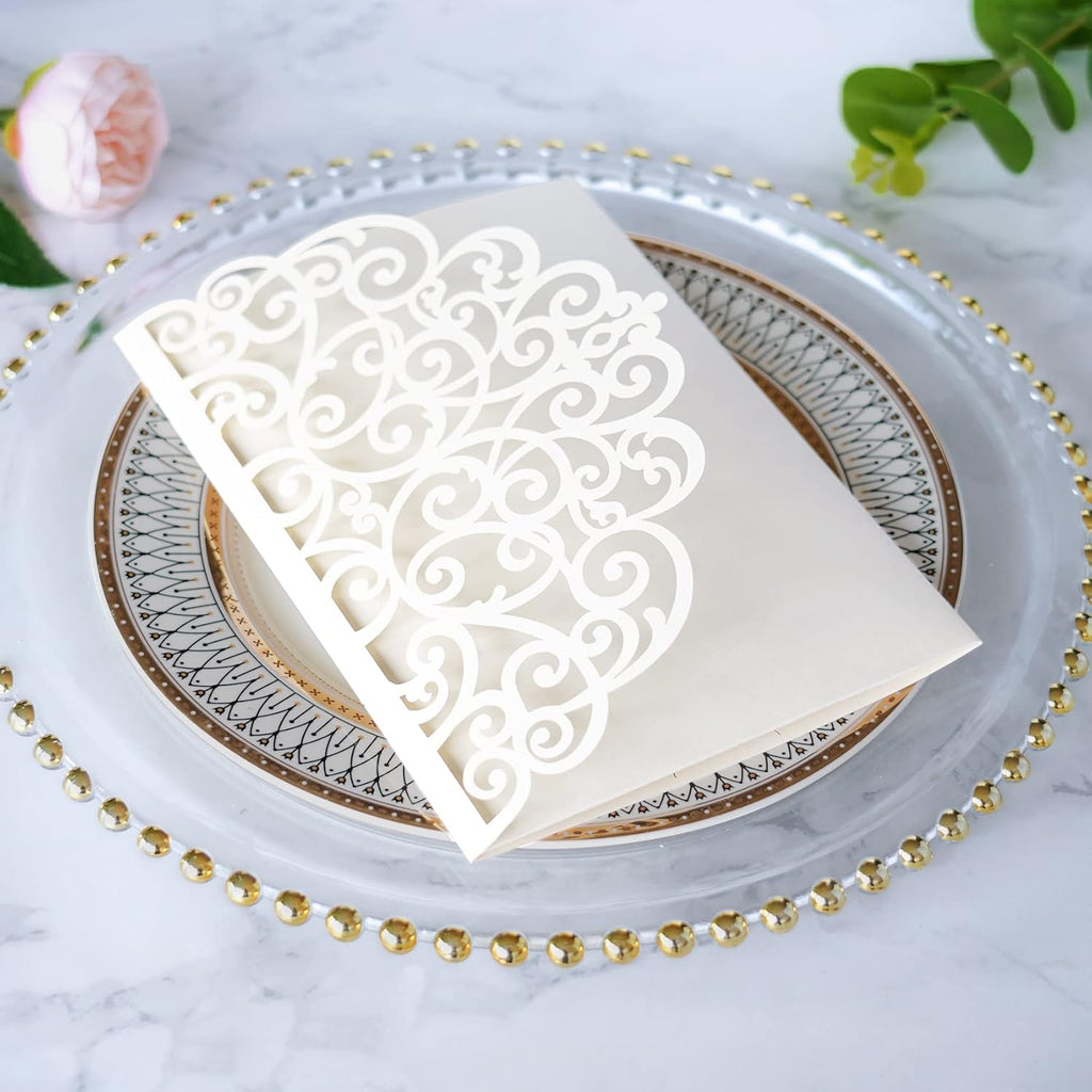 PONATIA 20 Pcs Ivory Tri-Fold  Laser Cut Wedding Invitation Pockets with Envelopes for Wedding