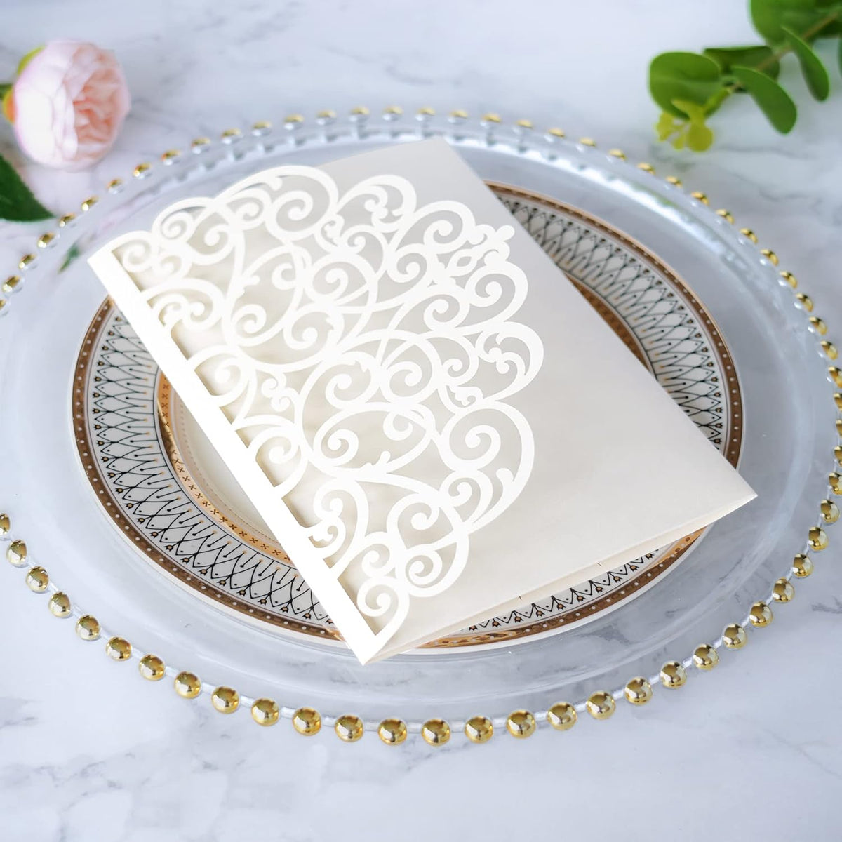 PONATIA 20 Pcs Ivory Tri-Fold  Laser Cut Wedding Invitation Pockets with Envelopes for Wedding