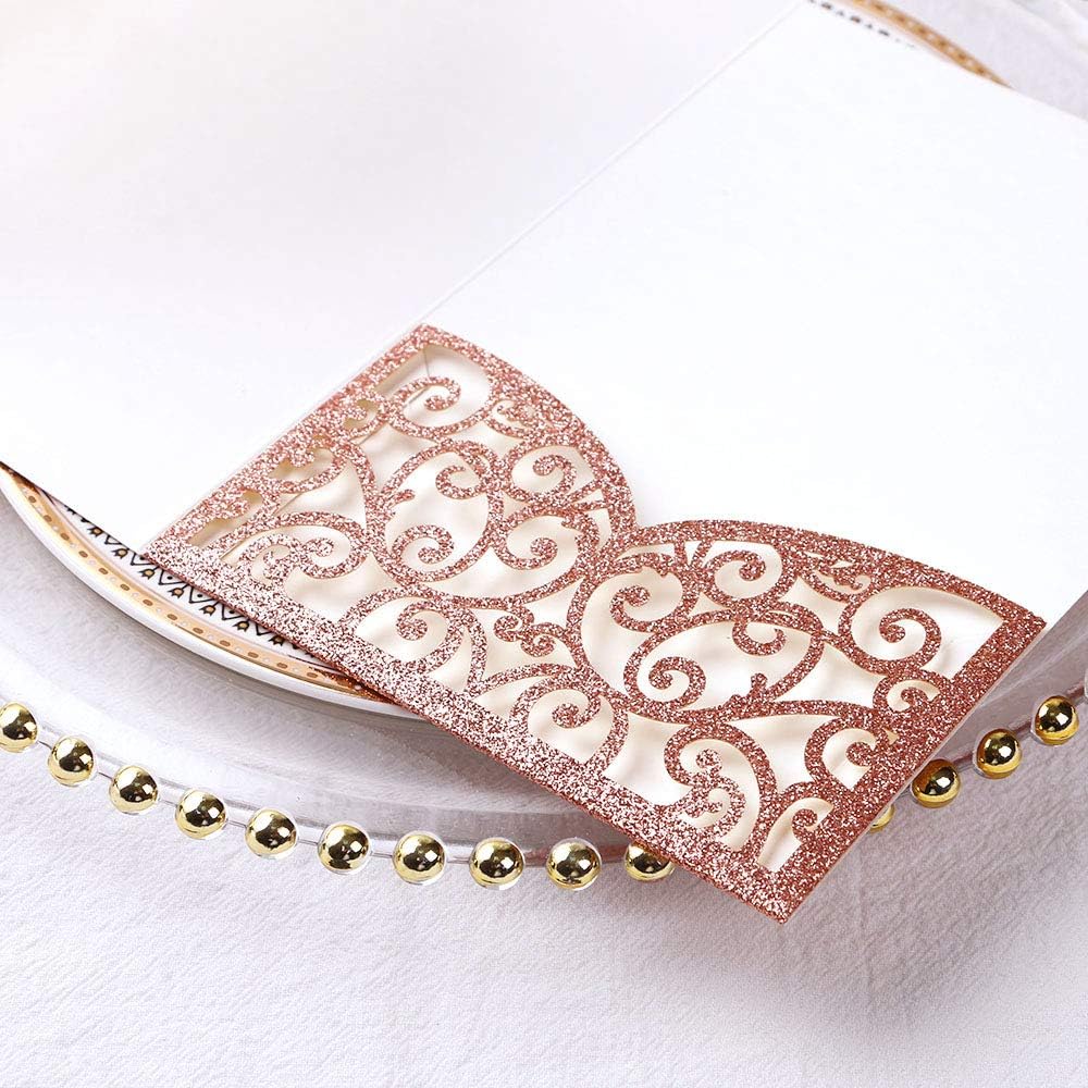 PONATIA 20 Pcs Rose Gold Glitter Tri-Fold  Laser Cut Wedding Invitation Pockets with Envelopes for Wedding