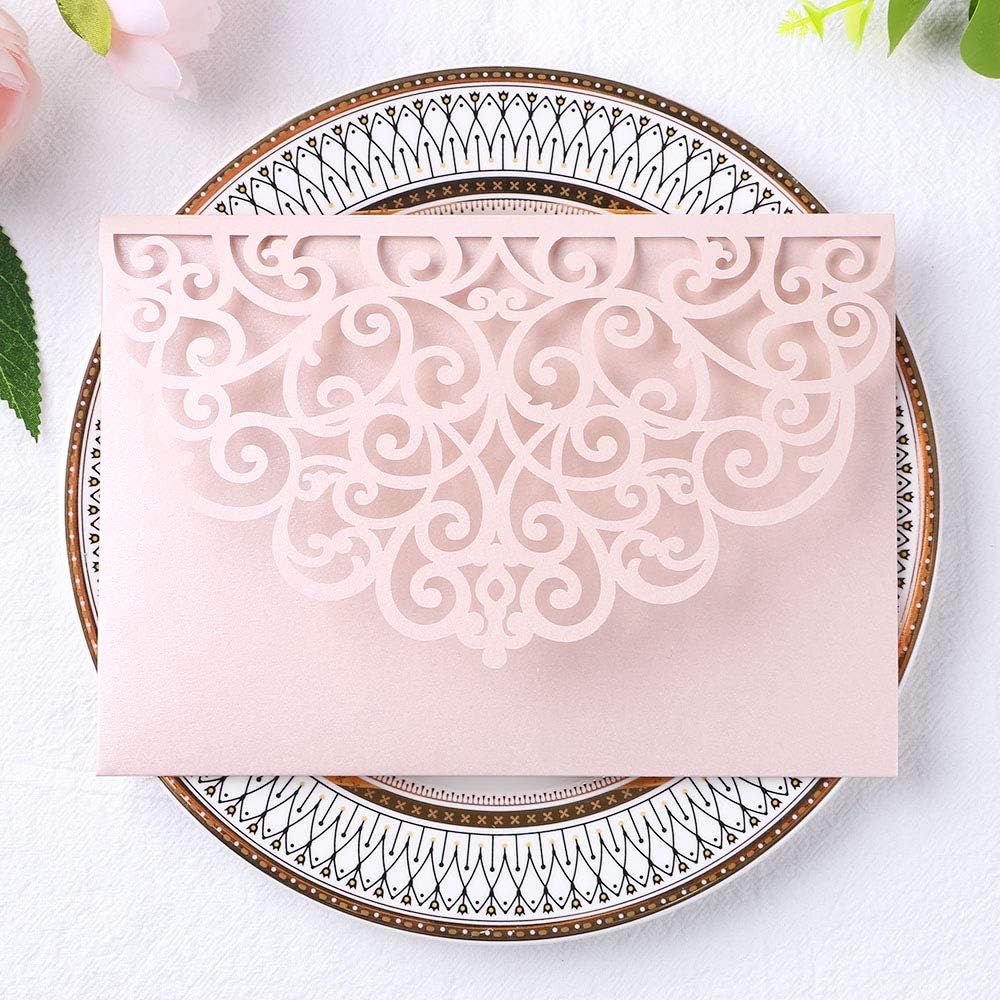 PONATIA 20 Pcs Blush Pink Tri-Fold  Laser Cut Wedding Invitation Pockets with Envelopes for Wedding