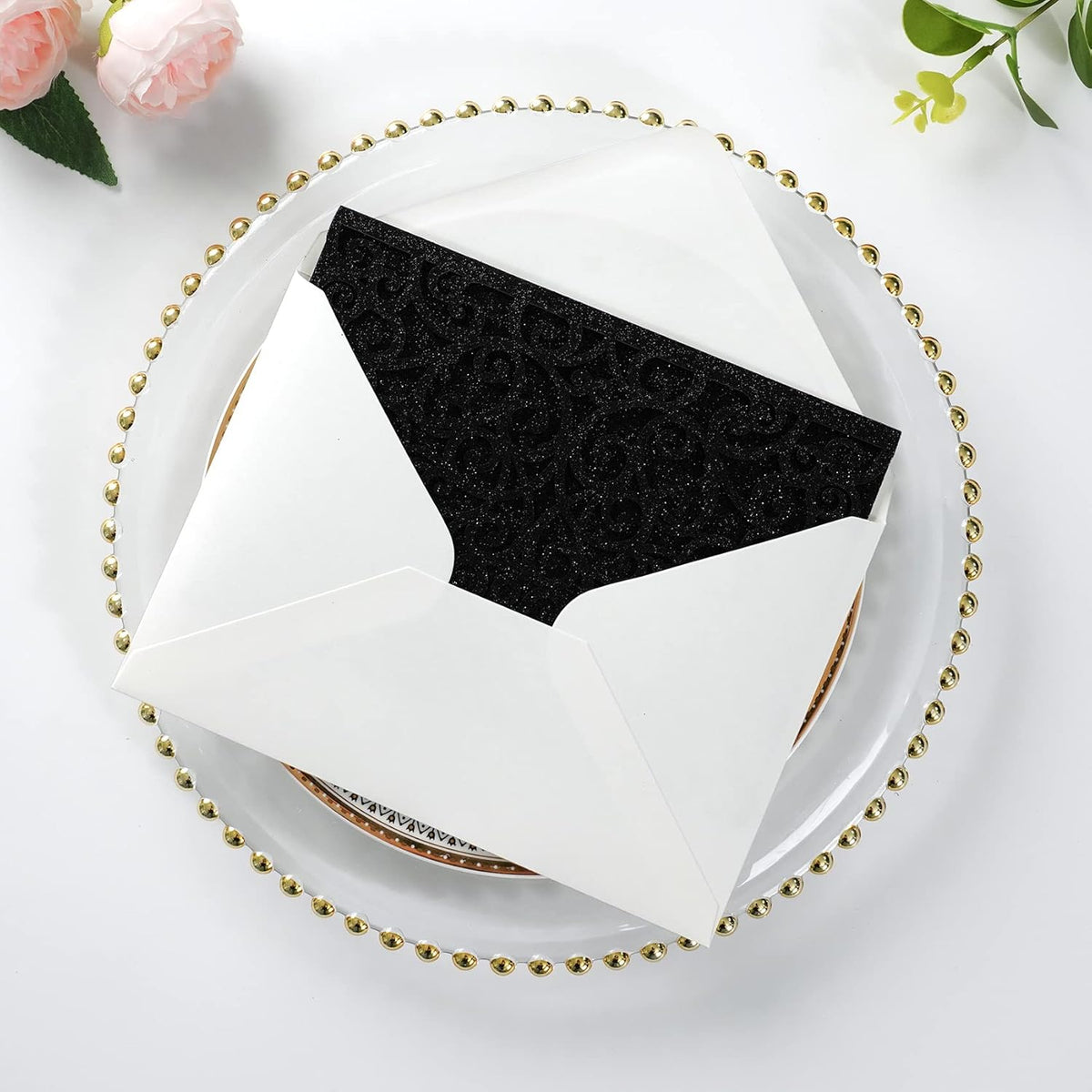 PONATIA 20 Pcs Black Tri-Fold  Laser Cut Wedding Invitation Pockets with Envelopes for Wedding