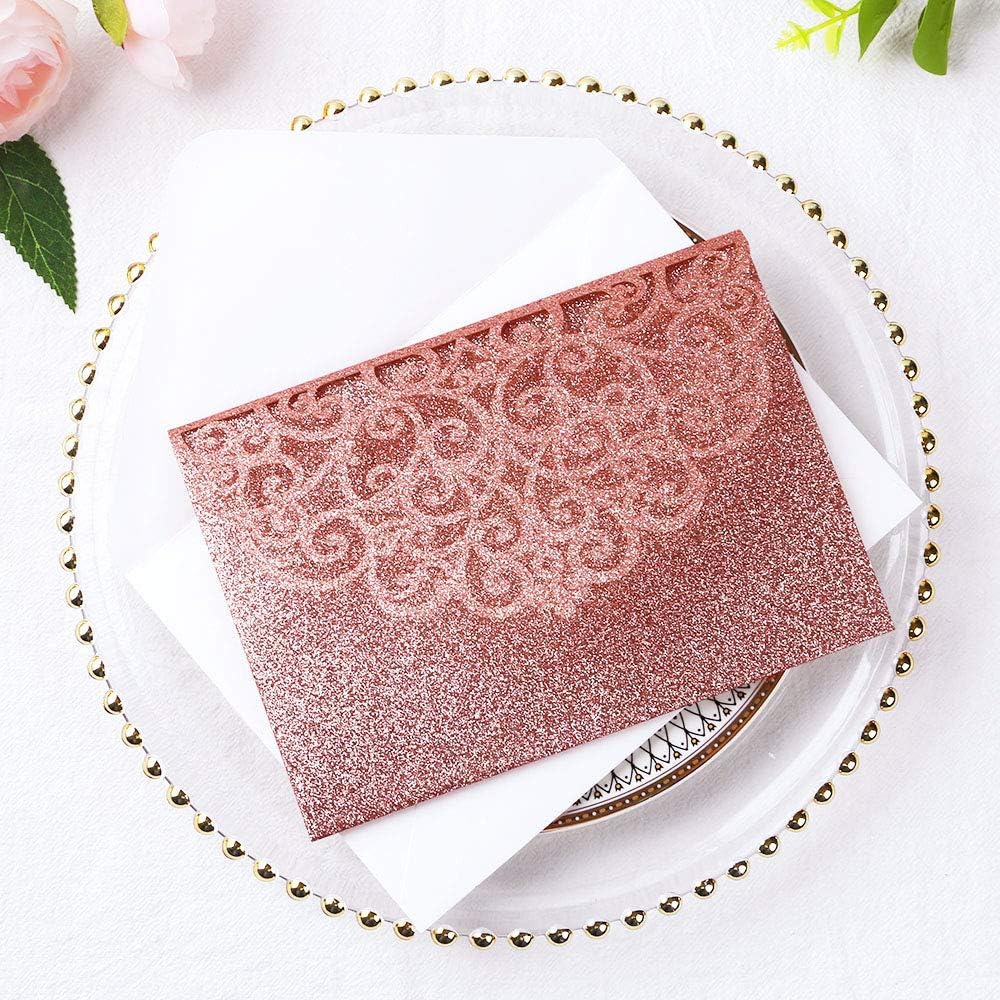 PONATIA 20 Pcs Rose Gold Glitter Tri-Fold  Laser Cut Wedding Invitation Pockets with Envelopes for Wedding