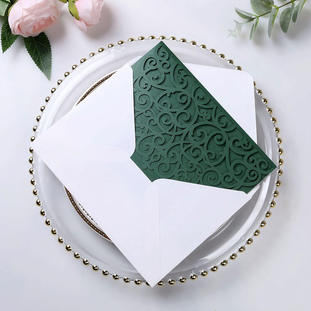 PONATIA 20 Pcs Emerald Green Tri-Fold  Laser Cut Wedding Invitation Pockets with Envelopes for Wedding