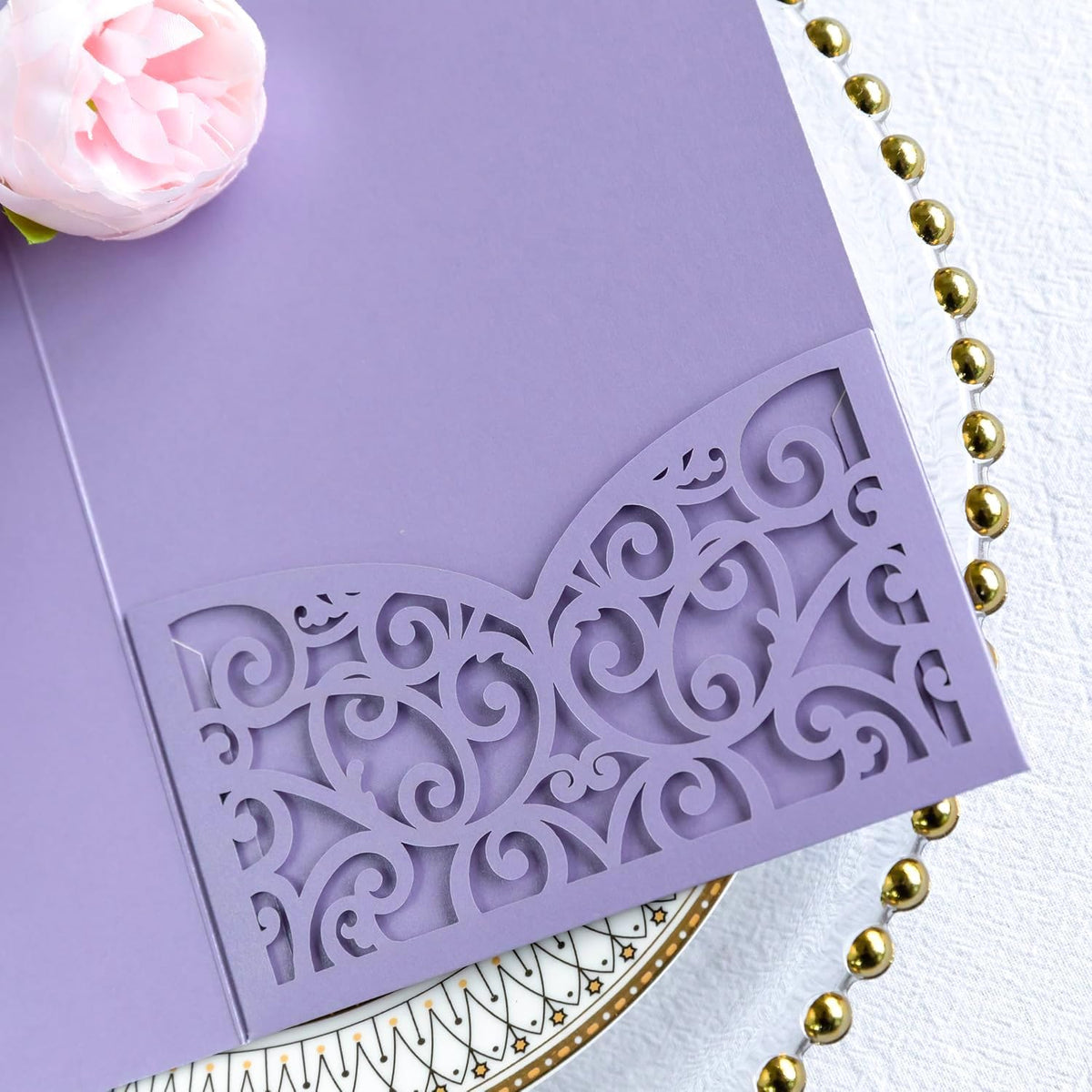 PONATIA 20 Pcs Lilac Tri-Fold  Laser Cut Wedding Invitation Pockets with Envelopes for Wedding