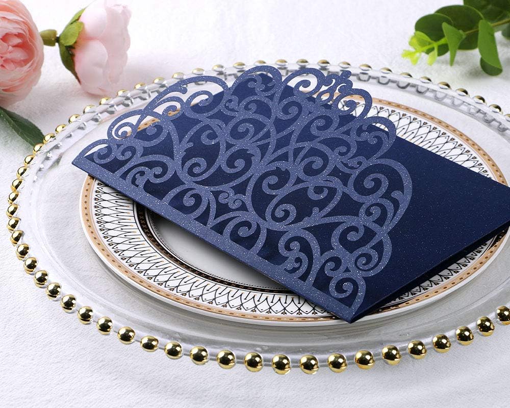 PONATIA 20 Pcs Navy Blue Tri-Fold  Laser Cut Wedding Invitation Pockets with Envelopes for Wedding