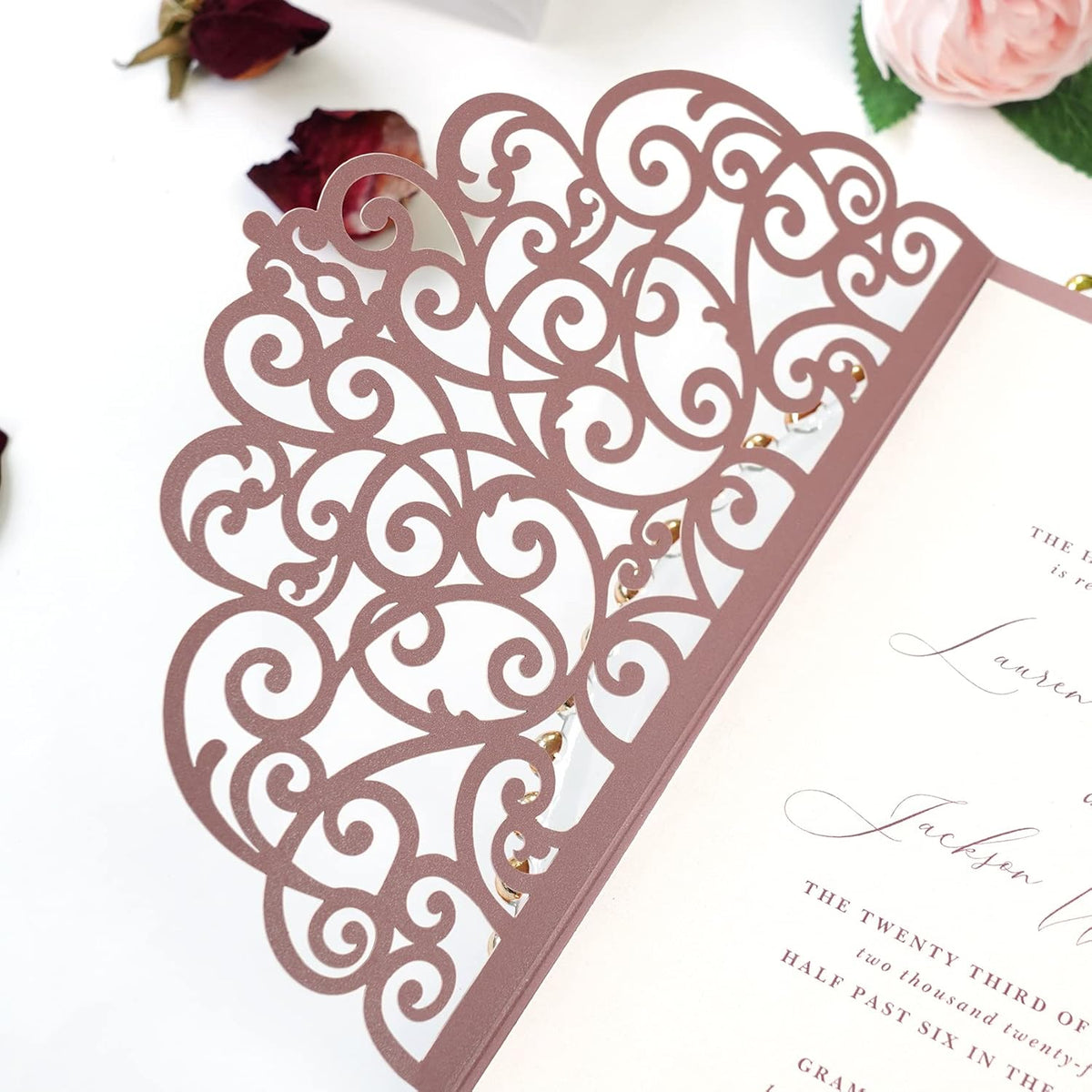 PONATIA 20 Pcs Dusty Rose Tri-Fold  Laser Cut Wedding Invitation Pockets with Envelopes for Wedding