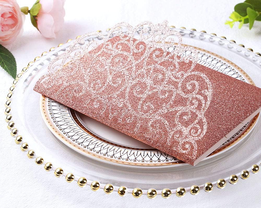 PONATIA 20 Pcs Rose Gold Glitter Tri-Fold  Laser Cut Wedding Invitation Pockets with Envelopes for Wedding