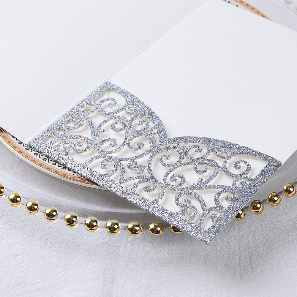 PONATIA 20 Pcs Silver Glitter Tri-Fold  Laser Cut Wedding Invitation Pockets with Envelopes for Wedding
