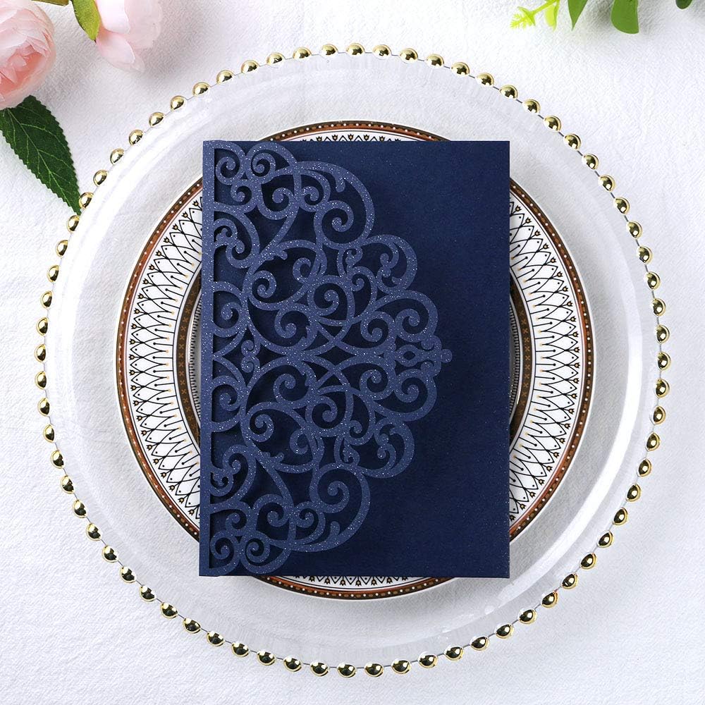PONATIA 20 Pcs Navy Blue Tri-Fold  Laser Cut Wedding Invitation Pockets with Envelopes for Wedding