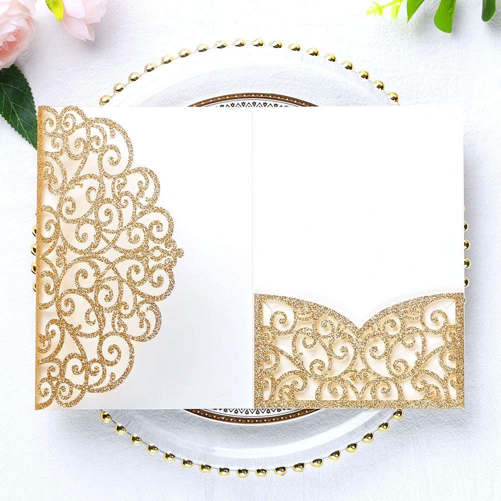 PONATIA 20 Pcs Gold Tri-Fold  Laser Cut Wedding Invitation Pockets with Envelopes for Wedding