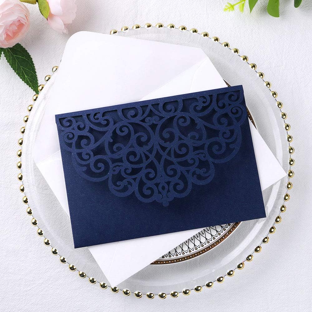 PONATIA 20 Pcs Navy Blue Tri-Fold  Laser Cut Wedding Invitation Pockets with Envelopes for Wedding