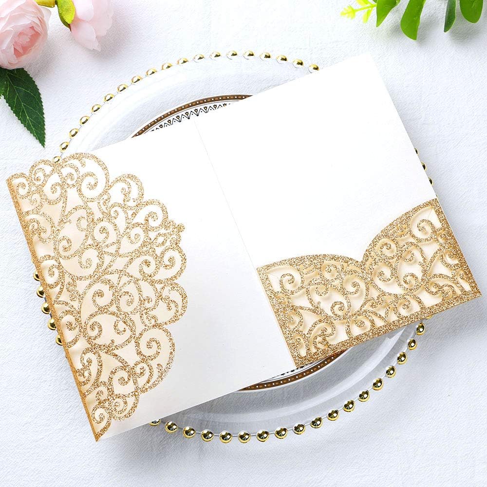 PONATIA 20 Pcs Gold Tri-Fold  Laser Cut Wedding Invitation Pockets with Envelopes for Wedding