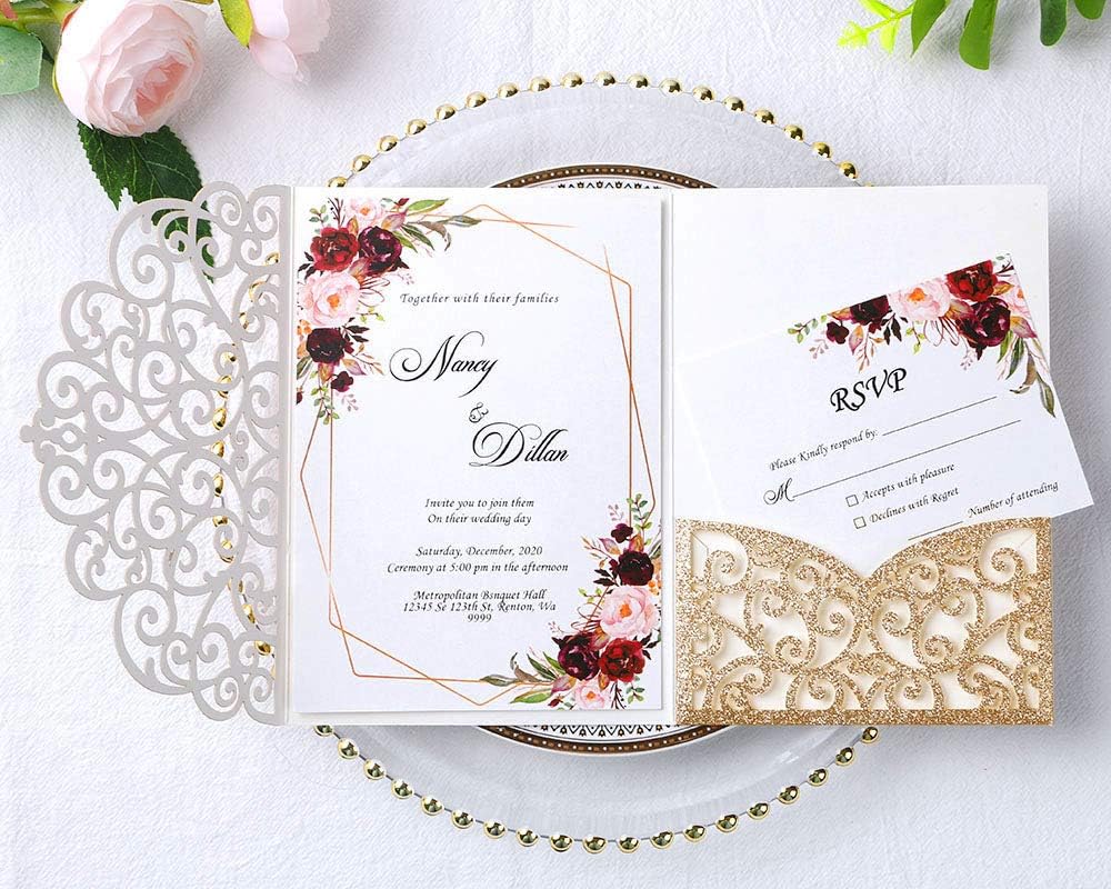 PONATIA 20 Pcs Gold Tri-Fold  Laser Cut Wedding Invitation Pockets with Envelopes for Wedding