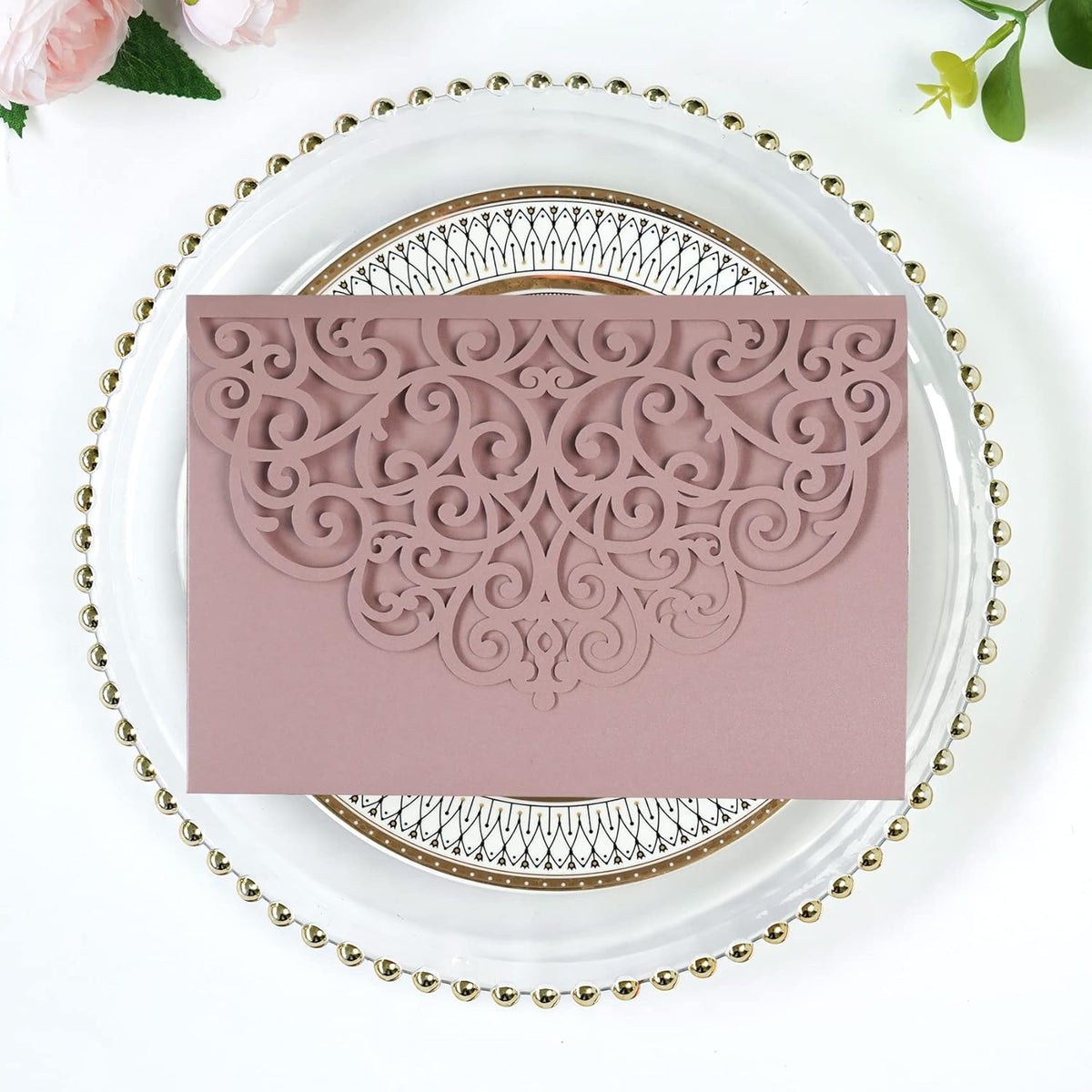 PONATIA 20 Pcs Dusty Rose Tri-Fold  Laser Cut Wedding Invitation Pockets with Envelopes for Wedding