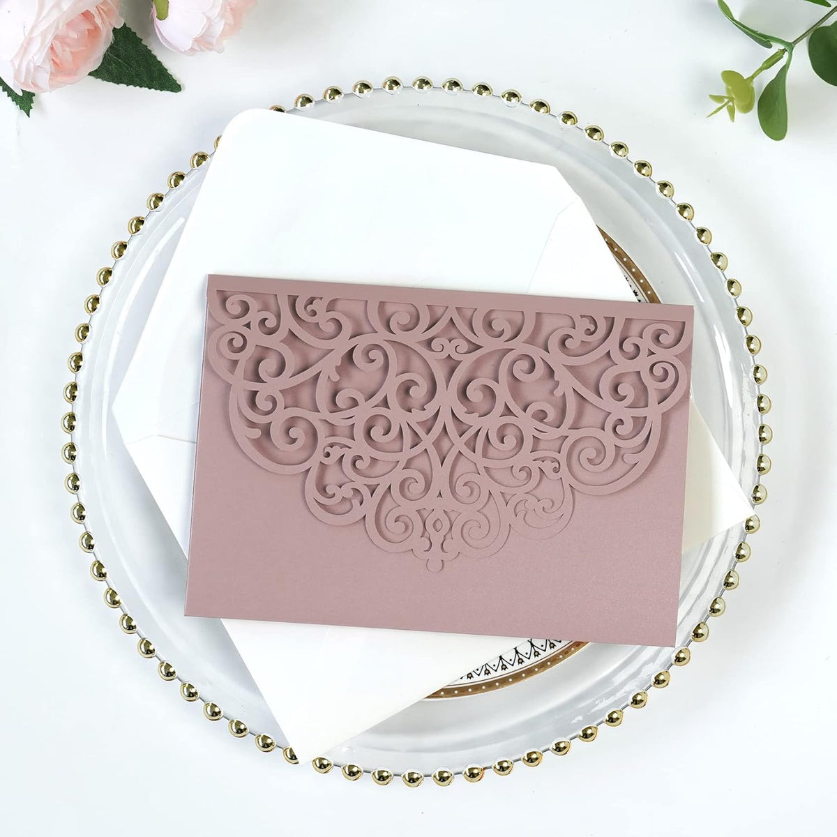 PONATIA 20 Pcs Dusty Rose Tri-Fold  Laser Cut Wedding Invitation Pockets with Envelopes for Wedding