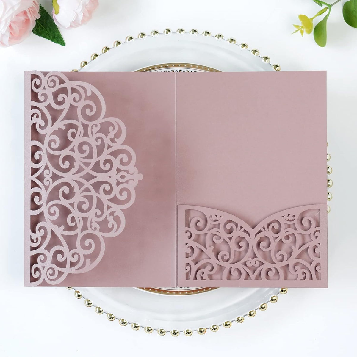 PONATIA 20 Pcs Dusty Rose Tri-Fold  Laser Cut Wedding Invitation Pockets with Envelopes for Wedding