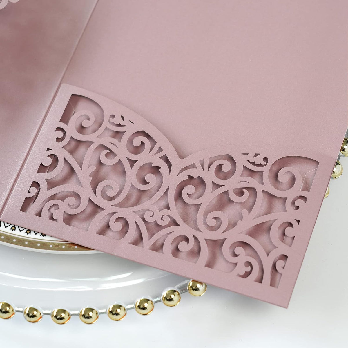 PONATIA 20 Pcs Dusty Rose Tri-Fold  Laser Cut Wedding Invitation Pockets with Envelopes for Wedding