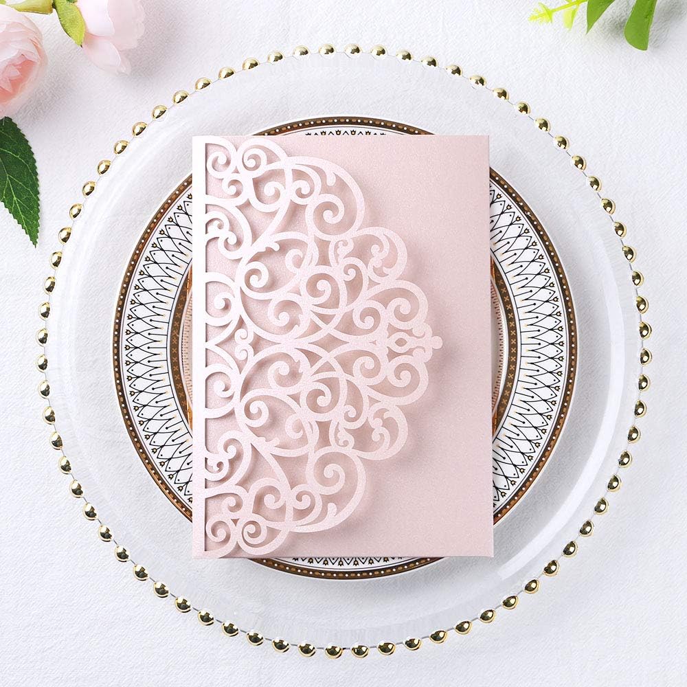 PONATIA 20 Pcs Blush Pink Tri-Fold  Laser Cut Wedding Invitation Pockets with Envelopes for Wedding