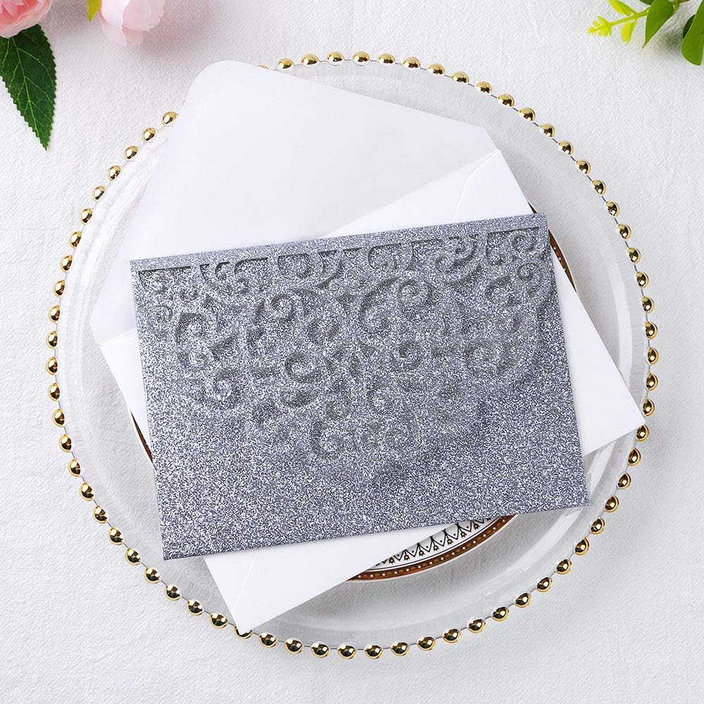 PONATIA 20 Pcs Silver Glitter Tri-Fold  Laser Cut Wedding Invitation Pockets with Envelopes for Wedding