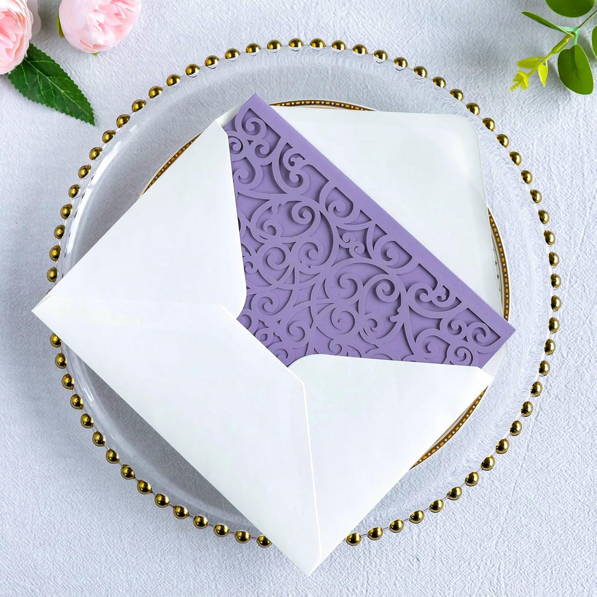 PONATIA 20 Pcs Lilac Tri-Fold  Laser Cut Wedding Invitation Pockets with Envelopes for Wedding