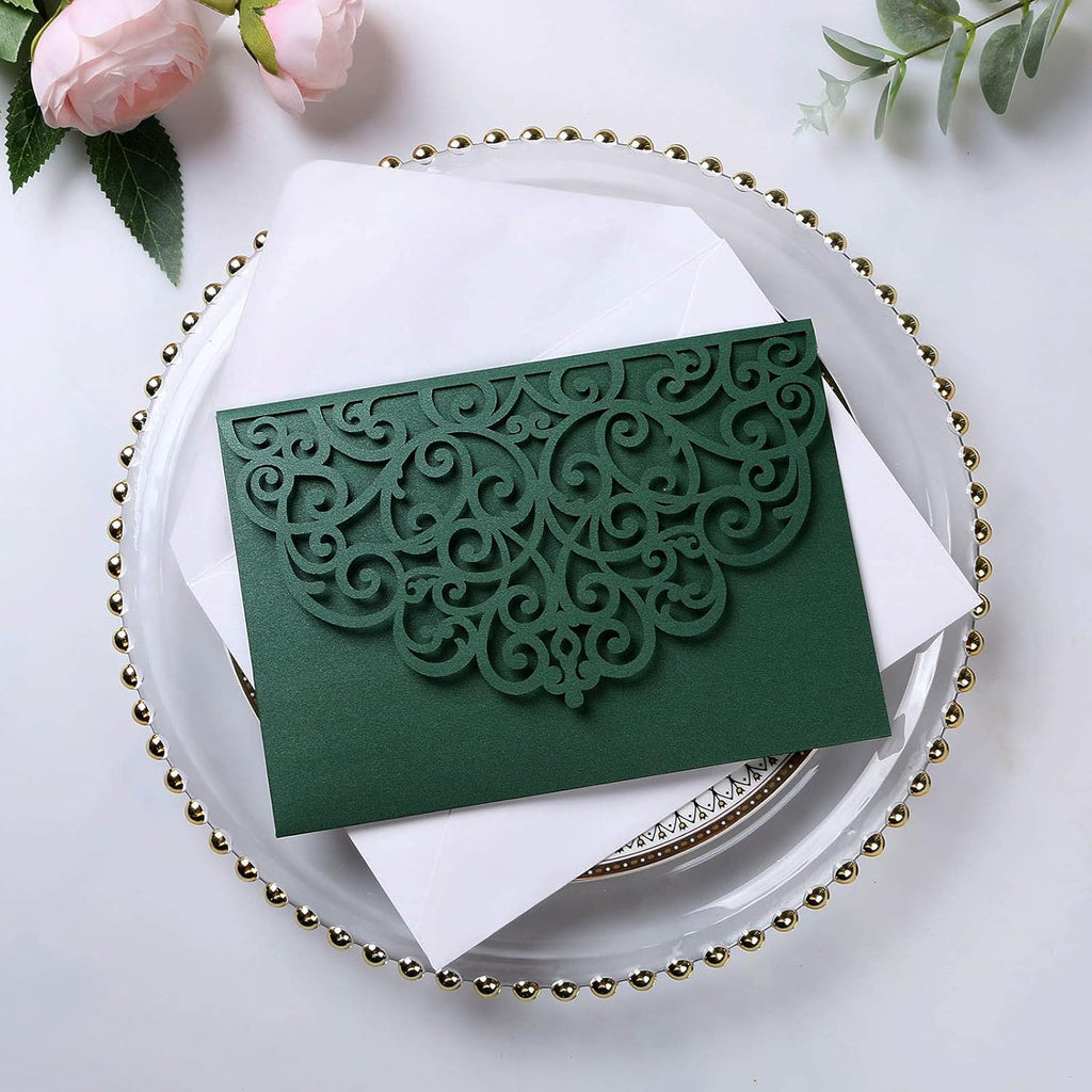 PONATIA 20 Pcs Emerald Green Tri-Fold  Laser Cut Wedding Invitation Pockets with Envelopes for Wedding