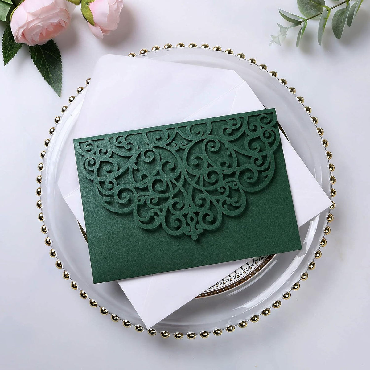 PONATIA 20 Pcs Emerald Green Tri-Fold  Laser Cut Wedding Invitation Pockets with Envelopes for Wedding
