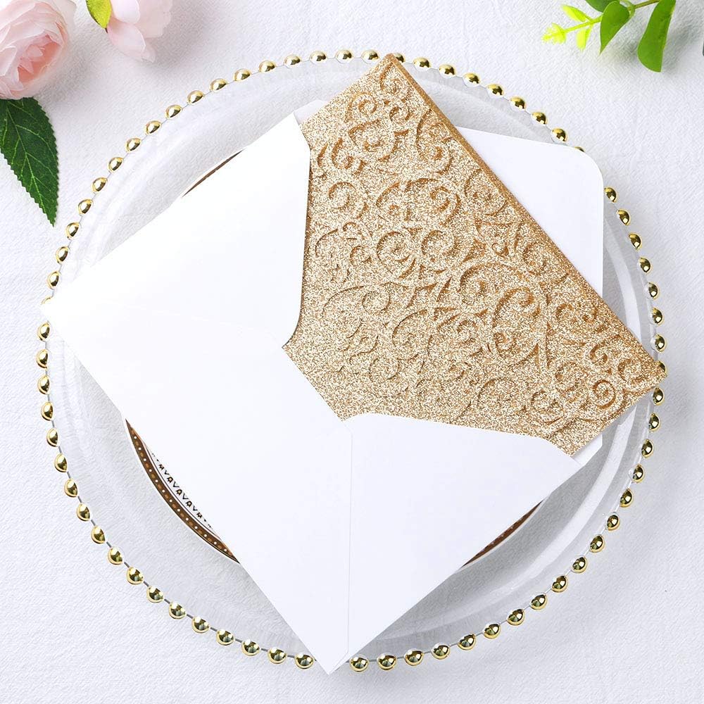 PONATIA 20 Pcs Gold Tri-Fold  Laser Cut Wedding Invitation Pockets with Envelopes for Wedding