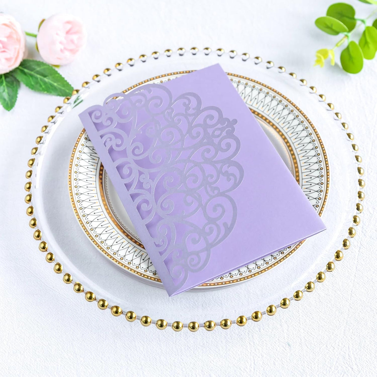 PONATIA 20 Pcs Lilac Tri-Fold  Laser Cut Wedding Invitation Pockets with Envelopes for Wedding