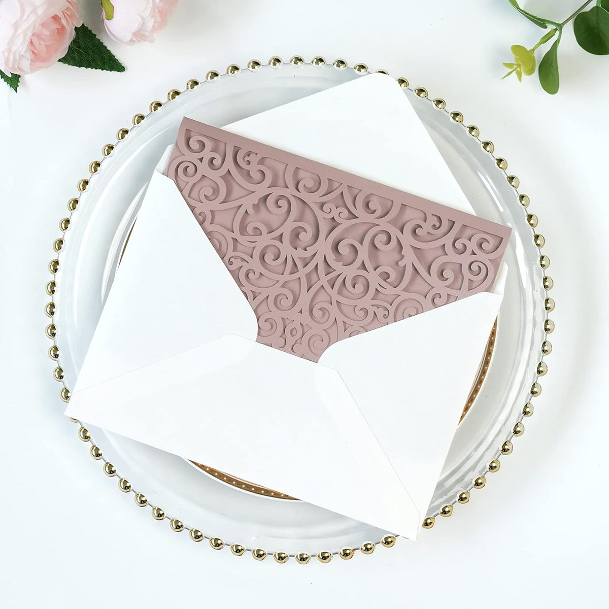 PONATIA 20 Pcs Dusty Rose Tri-Fold  Laser Cut Wedding Invitation Pockets with Envelopes for Wedding