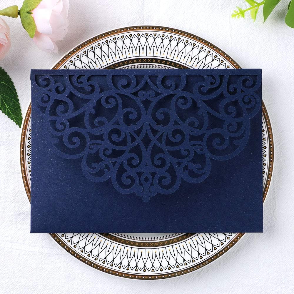 PONATIA 20 Pcs Navy Blue Tri-Fold  Laser Cut Wedding Invitation Pockets with Envelopes for Wedding