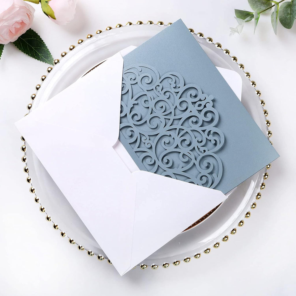 PONATIA 20 Pcs Dusty Blue Tri-Fold  Laser Cut Wedding Invitation Pockets with Envelopes for Wedding