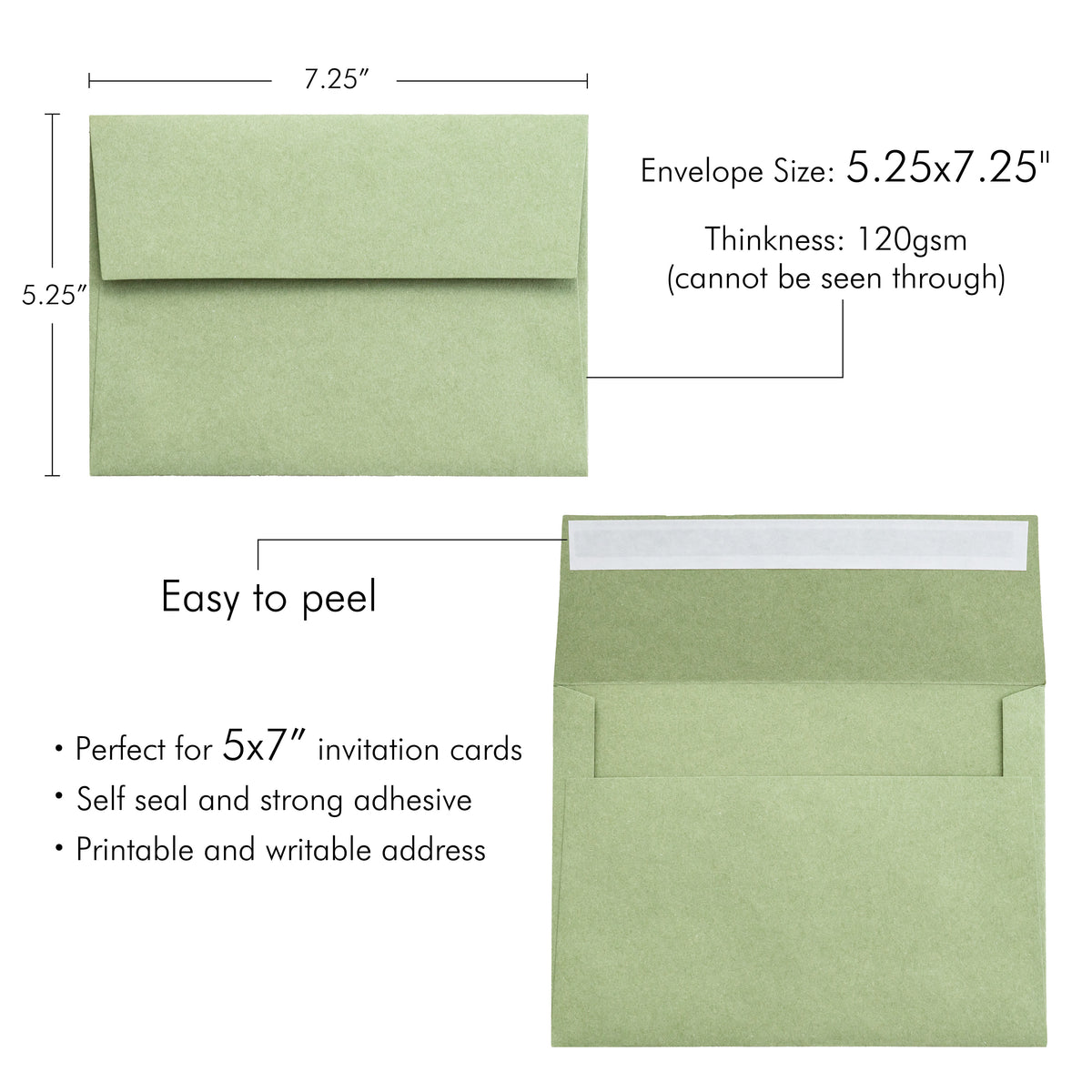 PONATIA 50 Pieces 5x7 Sage Green Envelopes, A7 Envelopes Self Seal for Weddings, Invitation Cards