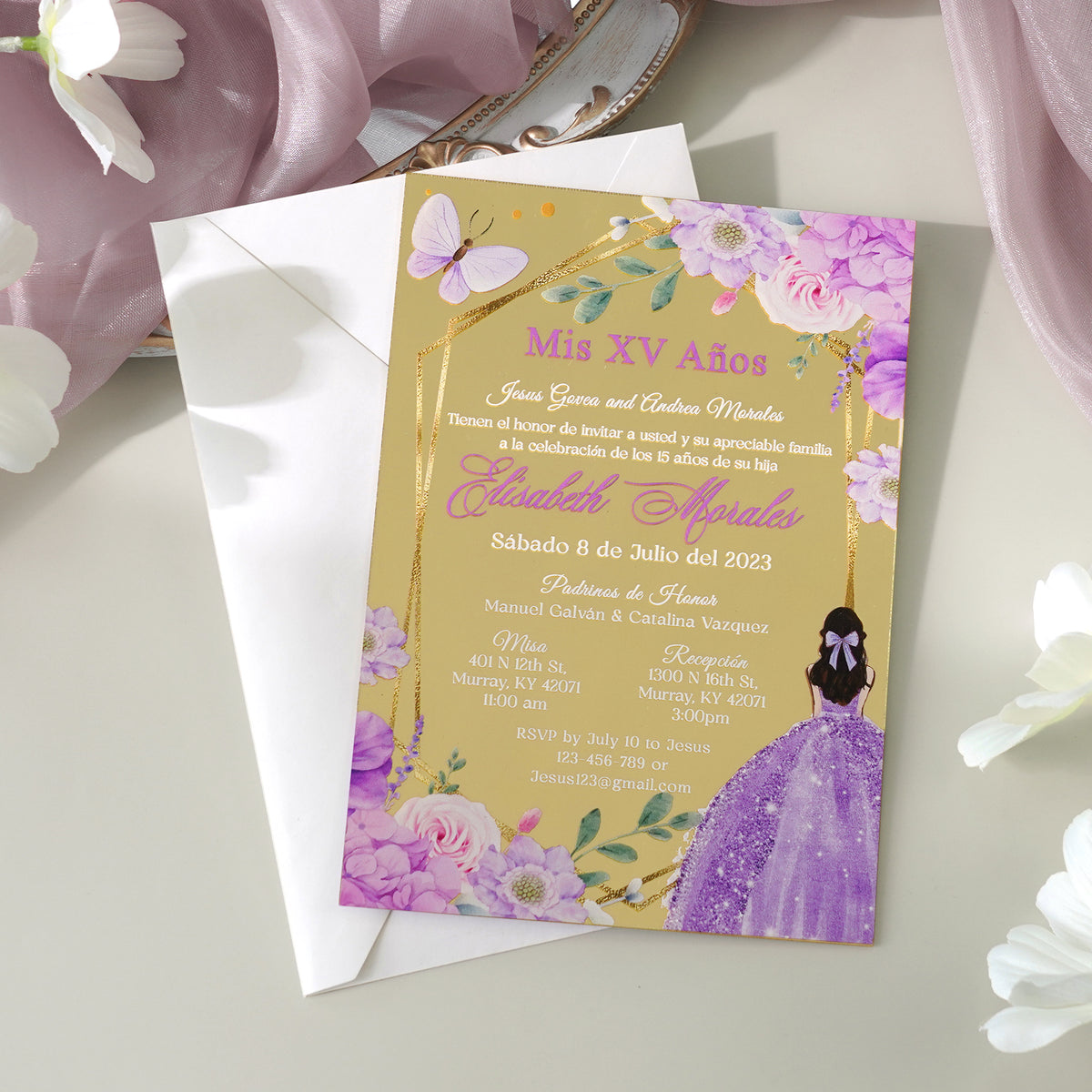 PONATIA XV Años Invitations, Gold Mirror Quinceañera Invitation Cards with Envelope-Lilac-2mm/0.7"