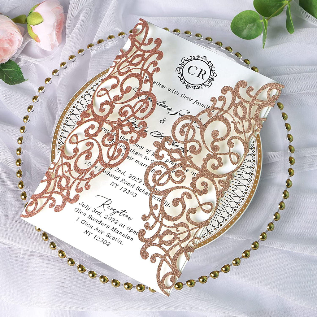 PONATIA Rose Glitter Laser Cut Wedding Invitations Cards with Blush Pink Bow-knot