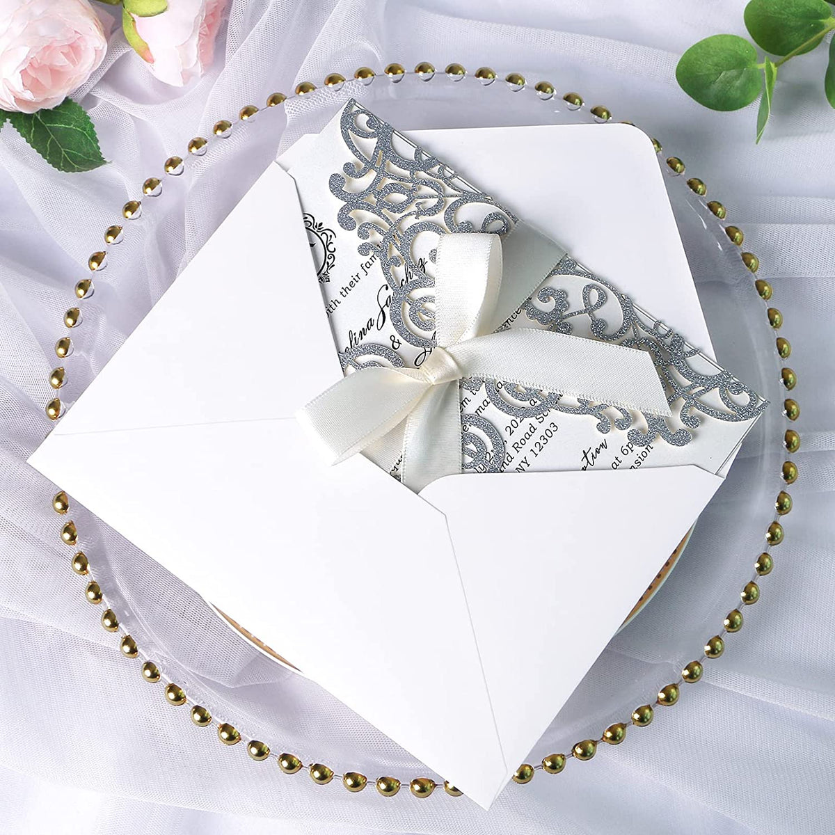 PONATIA Sliver Glitter Laser Cut Wedding Invitations Cards with Ivory Bow-knot