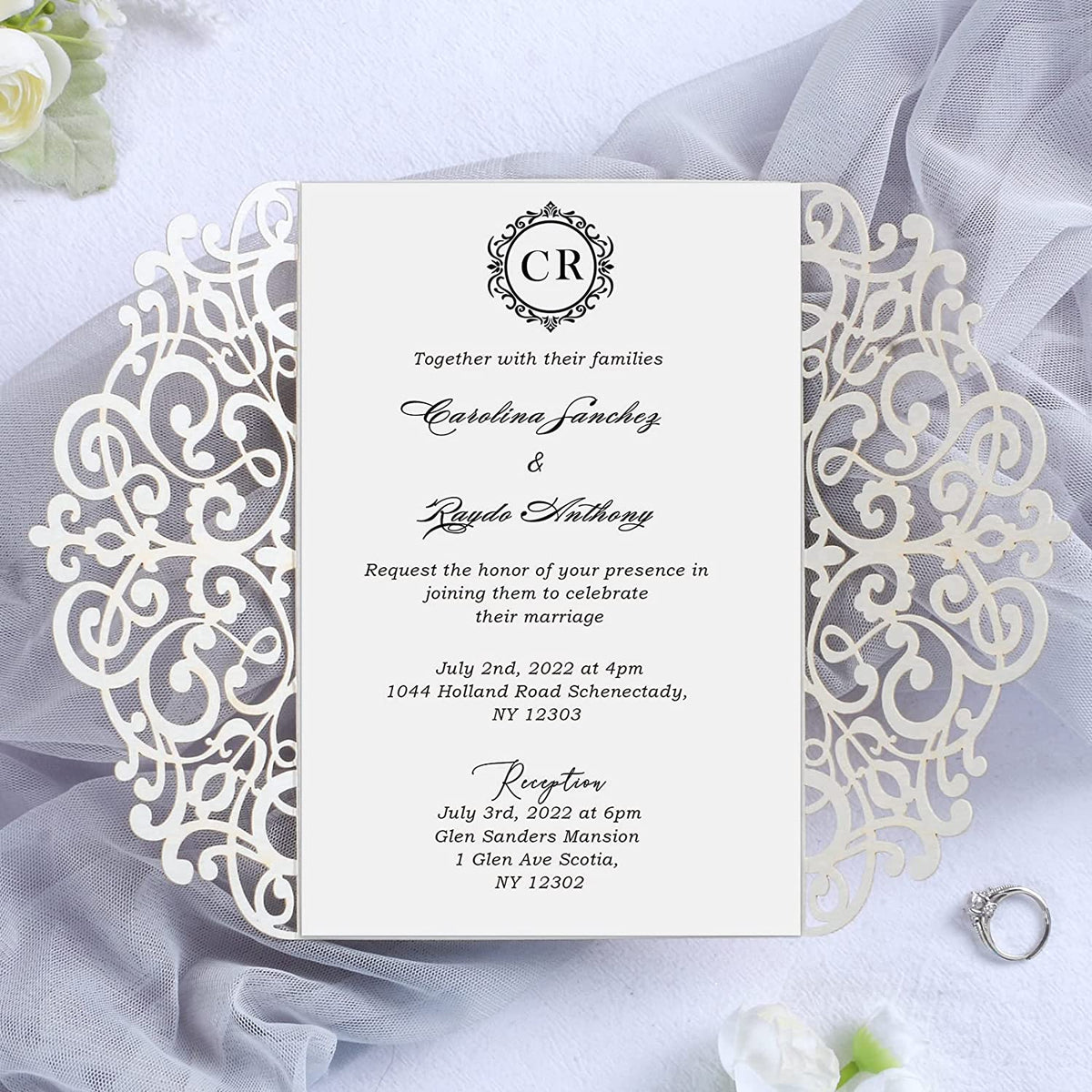 PONATIA Gold Glitter Laser Cut Wedding Invitations Cards with Ivory Bow-knot