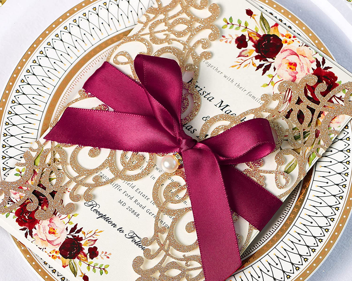 PONATIA Gold Glitter Laser Cut Wedding Invitations Cards with Burgundy Bow-knot
