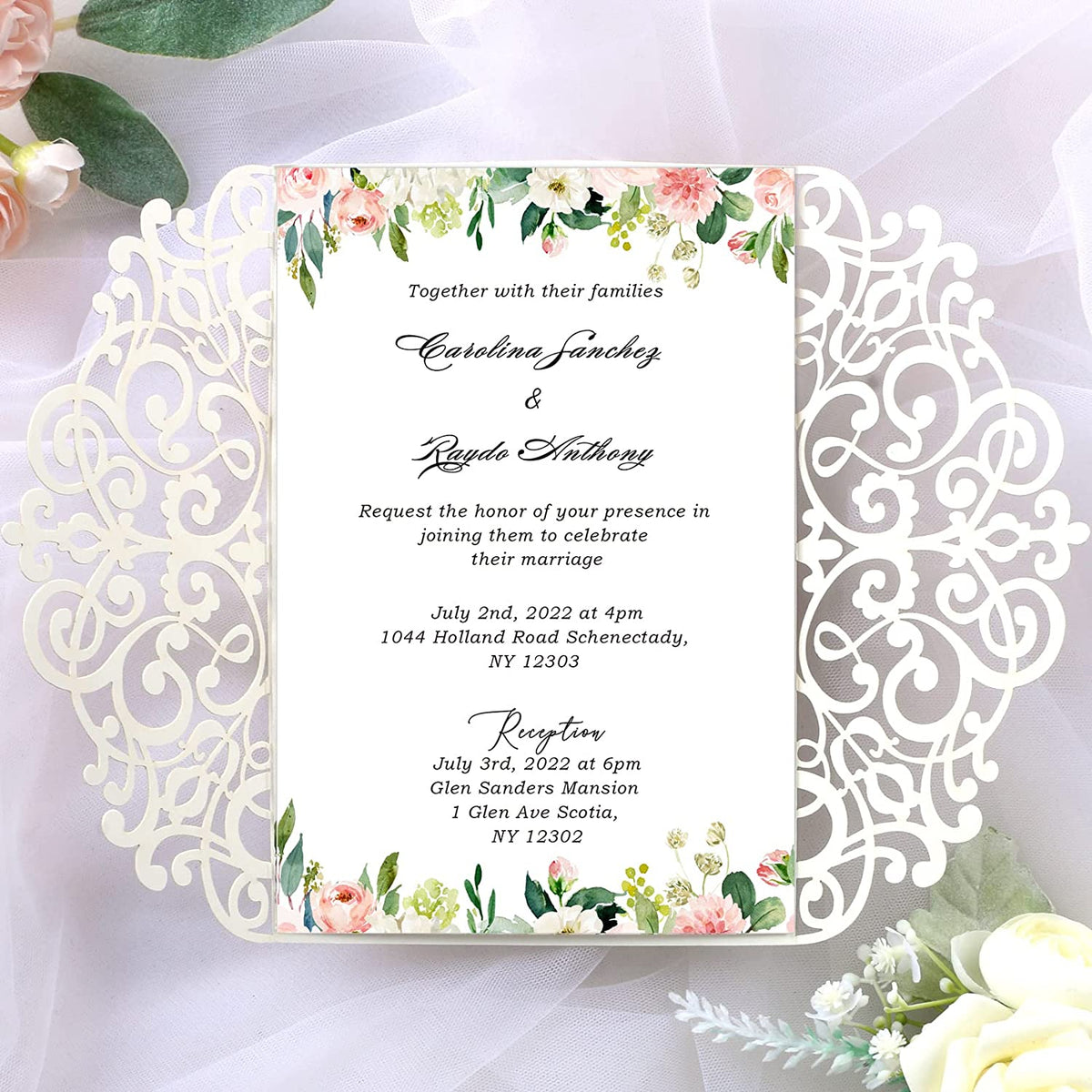 PONATIA Champagne Gold Glitter Laser Cut Wedding Invitations Cards with White Bow-knot