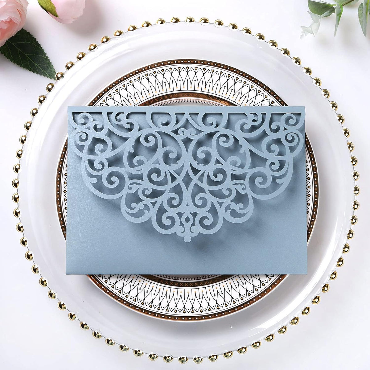 PONATIA 20 Pcs Dusty Blue Tri-Fold  Laser Cut Wedding Invitation Pockets with Envelopes for Wedding