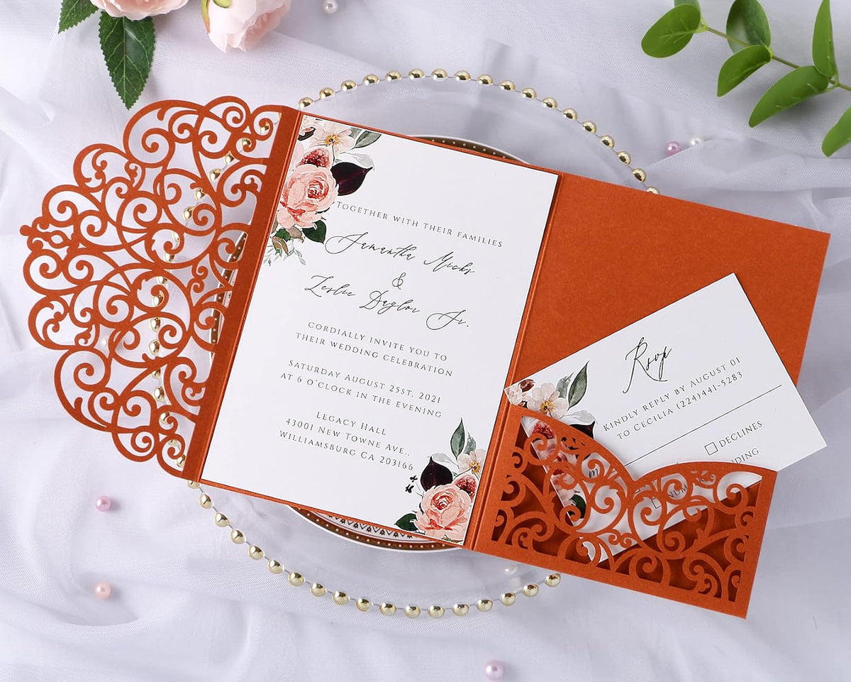 PONATIA 20 Pcs Burnt Orange Tri-Fold  Laser Cut Wedding Invitation Pockets with Envelopes for Wedding