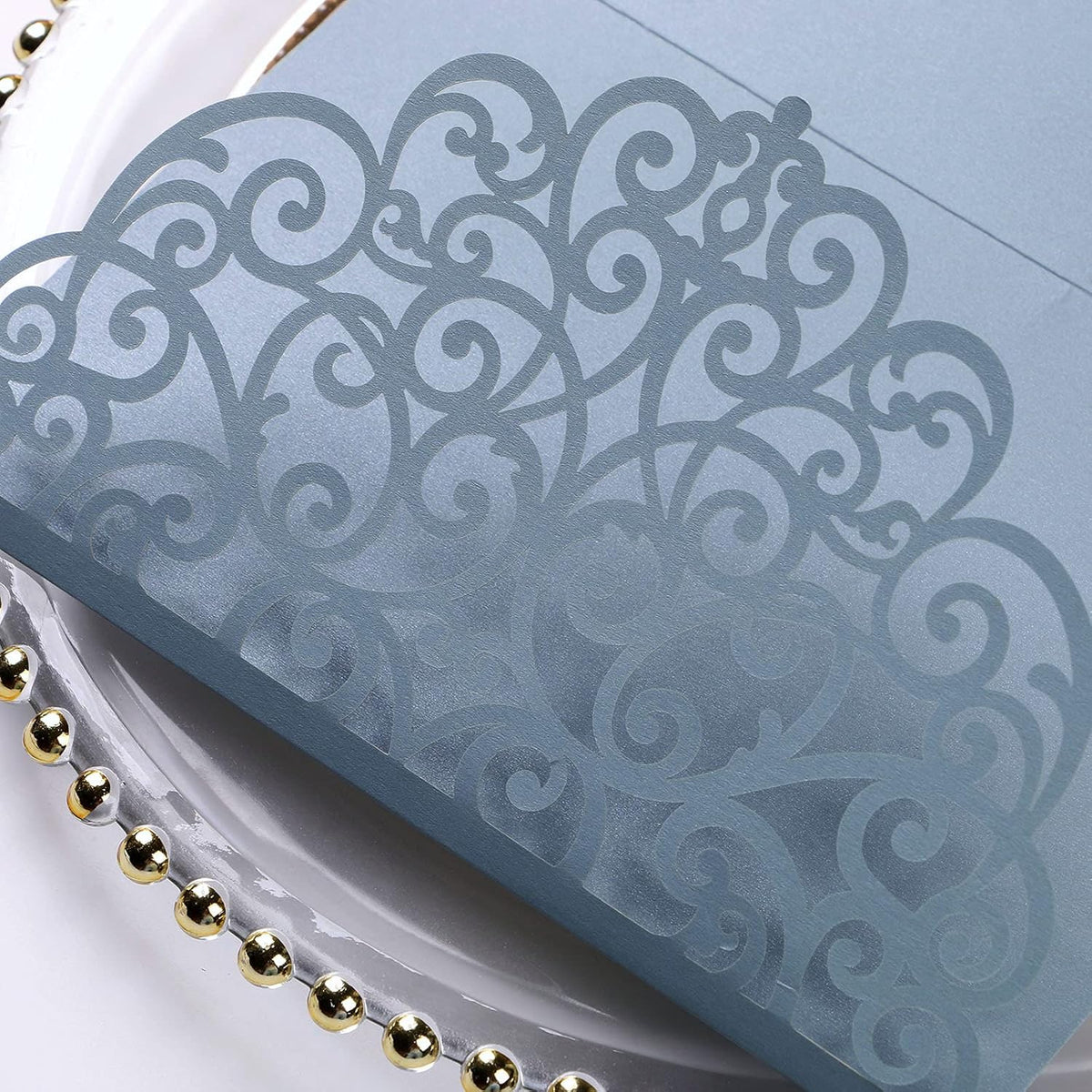 PONATIA 20 Pcs Dusty Blue Tri-Fold  Laser Cut Wedding Invitation Pockets with Envelopes for Wedding