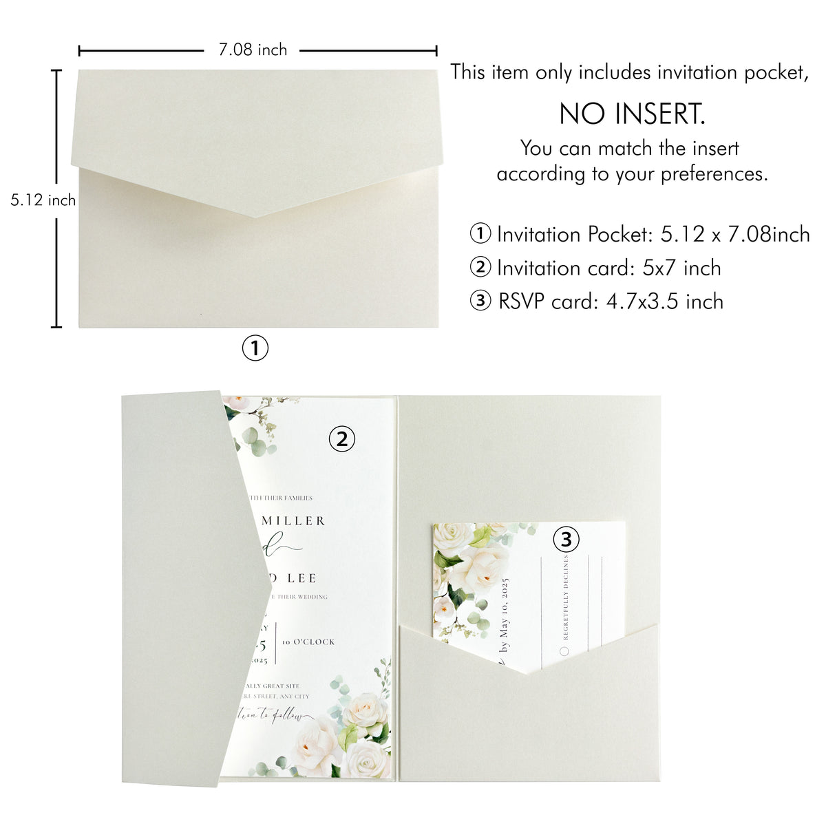 PONATIA 20 PCS Ivory Tri-fold Wedding Invitation Pockets for 5x7 Wedding Cards