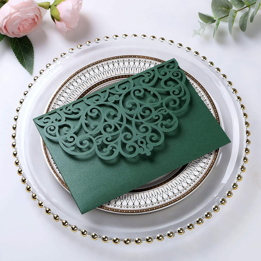 PONATIA 20 Pcs Emerald Green Tri-Fold  Laser Cut Wedding Invitation Pockets with Envelopes for Wedding