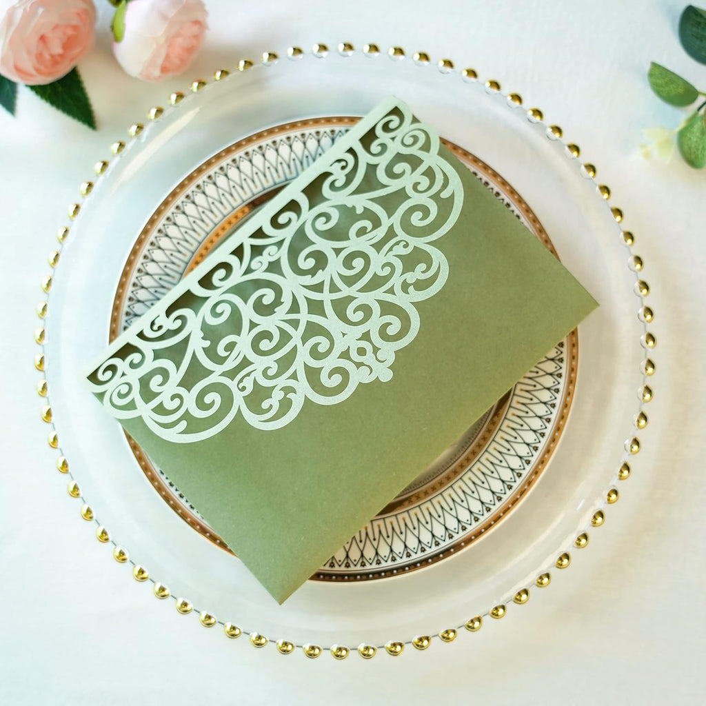 PONATIA 20 Pcs Sage Green Tri-Fold  Laser Cut Wedding Invitation Pockets with Envelopes for Wedding